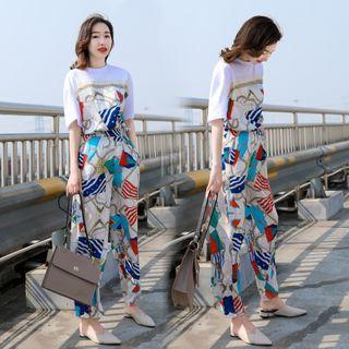 Set: Short-sleeve Paneled T-shirt + Printed Wide-leg Pants