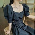Short-sleeve Plain A-line Maxi Dress Black - One Size