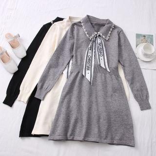 Pearl-trim Knit Polo Dress With Scarf