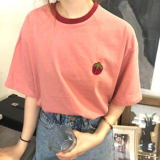 Strawberry Embroidered Short-sleeve T-shirt Pink - One Size