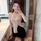 V-neck Long-sleeve Open Knit Top / A-line Skirt