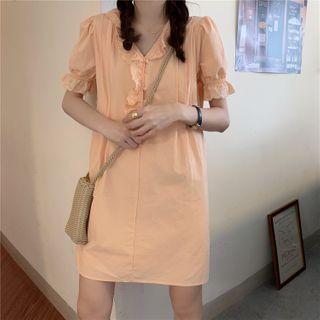 Puff-sleeve Ruffled Trim Plain Dress