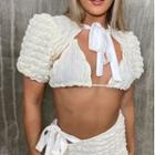 Short-sleeve Textured Tie-front Crop Top
