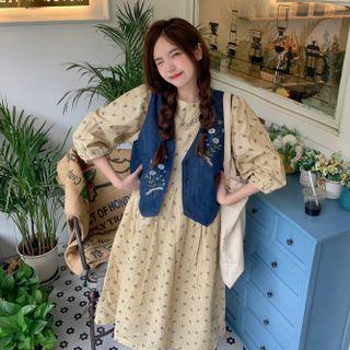 Denim Vest / Long-sleeve Floral Dress