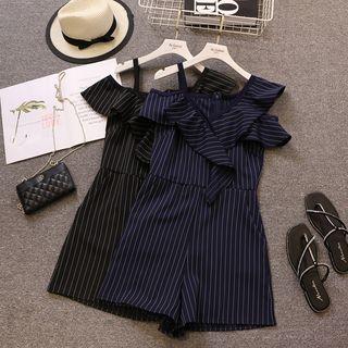 Striped Ruffle Cold Shoulder Playsuit