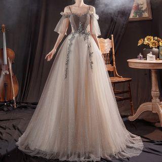 Cold-shoulder Beaded Mesh A-line Wedding Gown