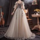 Cold-shoulder Beaded Mesh A-line Wedding Gown
