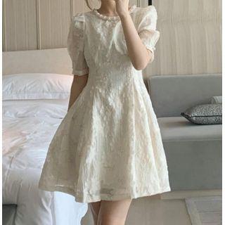 Puff Sleeve Floral Embroidered A-line Dress