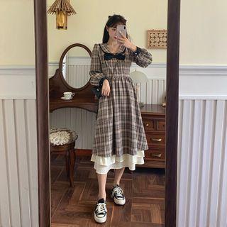 Color-block Bow-accent Plaid Pleated Dress