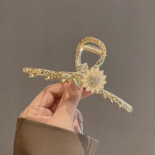 Flower Rhinestone Faux Cat Eye Stone Hair Clamp Gold - One Size