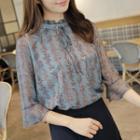 Frilled Crew-neck Floral Pattern Chiffon Top