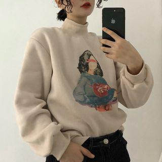 Mock-neck Cartoon Print Pullover Almond - One Size