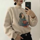 Mock-neck Cartoon Print Pullover Almond - One Size