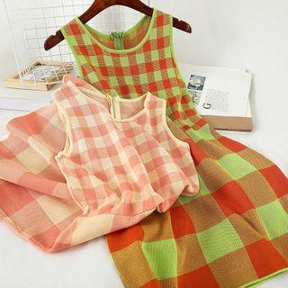 Checked Sleeveless A-line Knit Dress