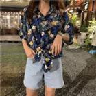 Picture Print Short-sleeve Blouse Blue - One Size