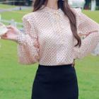 Dotted Ruffle Trim Tie-neck Blouse