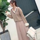 Set: V-neck Sweater + Pleated Maxi Skirt