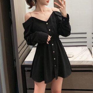 Long-sleeve Cold-shoulder Button-up Mini Dress