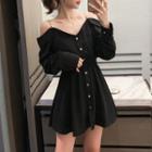 Long-sleeve Cold-shoulder Button-up Mini Dress