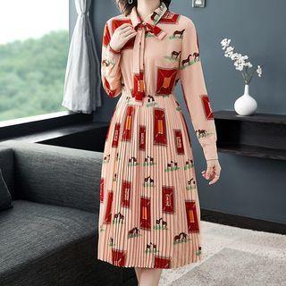 Horse Print Long-sleeve Midi A-line Dress