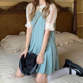 Puff-sleeve Ruffle Trim Blouse / Pleated Mini A-line Overall Dress