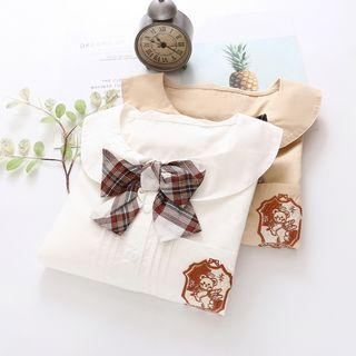 Embroidered Tie-neck Pintuck Shirt