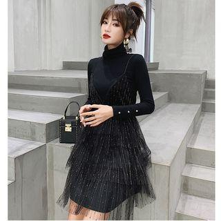 Set: Long-sleeve Mock Neck Knit Top + Spaghetti Strap Mesh A-line Mini Tiered Dress
