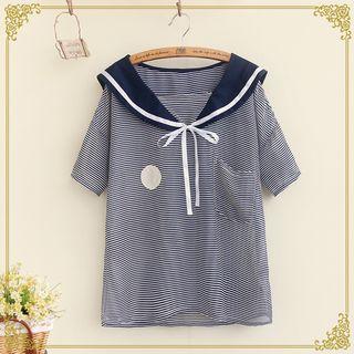 Sailor Collar Striped Short Sleeve T-shirt