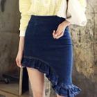 Frilled Asymmetrical Hem Denim Skirt