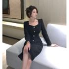 Long-sleeve Button Midi Sheath Tweed Dress