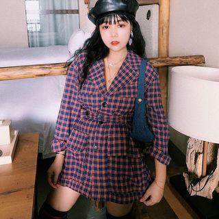 Notch Lapel Tie-waist Plaid Jacket