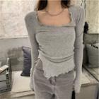 Long-sleeve Ribbed Slit T-shirt
