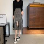 Set: Long-sleeve Knit Top + Checkered Mermaid Midi Skirt