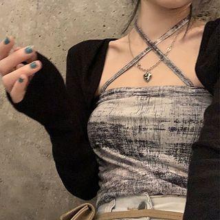 Set: Halter-neck Tie-dyed Camisole Top + Cardigan Set - Gray & Black - One Size
