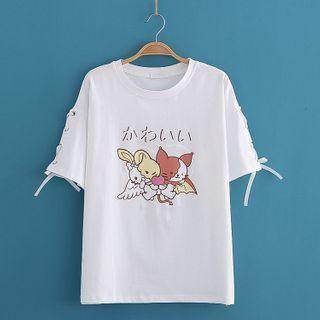 Rabbit Print Lace-up Short Sleeve T-shirt