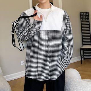 Long-sleeve Half-zip Houndstooth Panel Shirt
