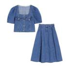 Set: Short-sleeve Denim Cropped Blouse + Midi A-line Skirt Set Of 2 - Denim Blouse & Skirt - Blue - One Size