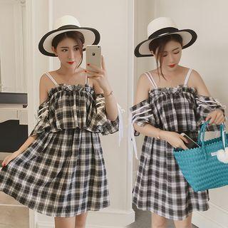 Plaid Off-shoulder Elbow-sleeve A-line Dress
