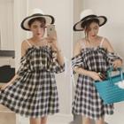 Plaid Off-shoulder Elbow-sleeve A-line Dress
