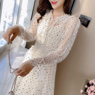 Set: Dotted Bell-sleeve Midi A-line Mesh Dress + Slipdress