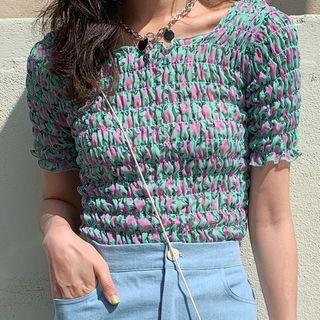 Floral Print Short-sleeve Shirred Top As Shown In Figure - One Size