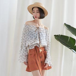Off-shoulder Floral Print Long-sleeve Chiffon Top