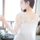 Open-front Lace-panel Long Cardigan