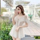 Short-sleeve Cold-shoulder Mini A-line Mesh Dress