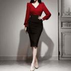 Mock Two-piece Long-sleeve Two-tone Midi Sheath Dress