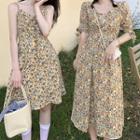 Spaghetti Strap Floral A-line Dress / Short-sleeve Midi A-line Dress