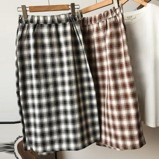 High-waist Single-breasted Plaid Asymmetric Skirt