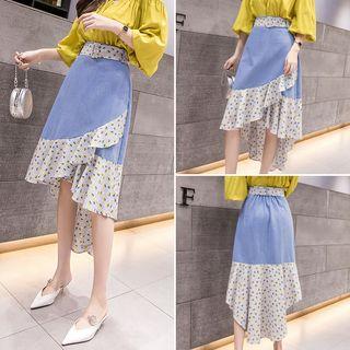 Asymmetric Patterned Chiffon Paneled A-line Midi Denim Skirt