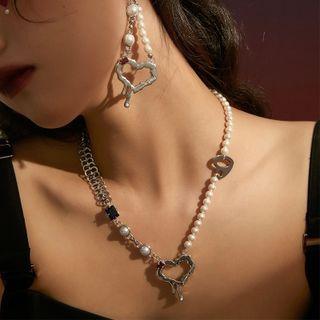 Melted Heart Faux Pearl Necklace 1 Pc - Blue & White & Silver - One Size