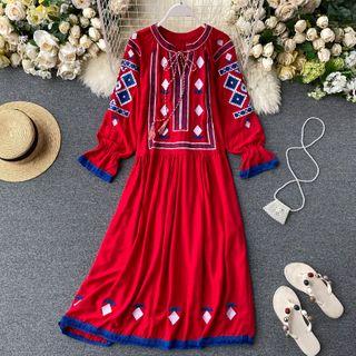 Flared-cuff Pattern Embroidered Midi Sundress Red - One Size